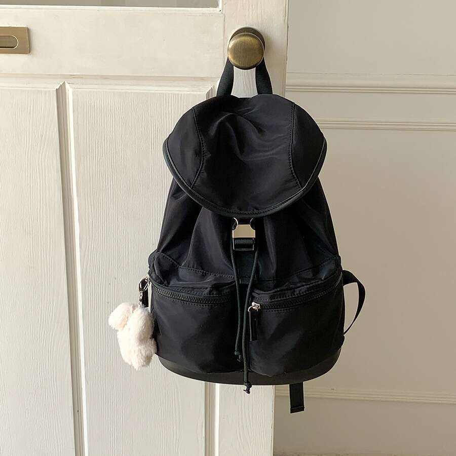 Korean Version New Drawstring Pleated Flap Student Double Shoulder Nylon Niche Large Capacity Backpack For Girls B5