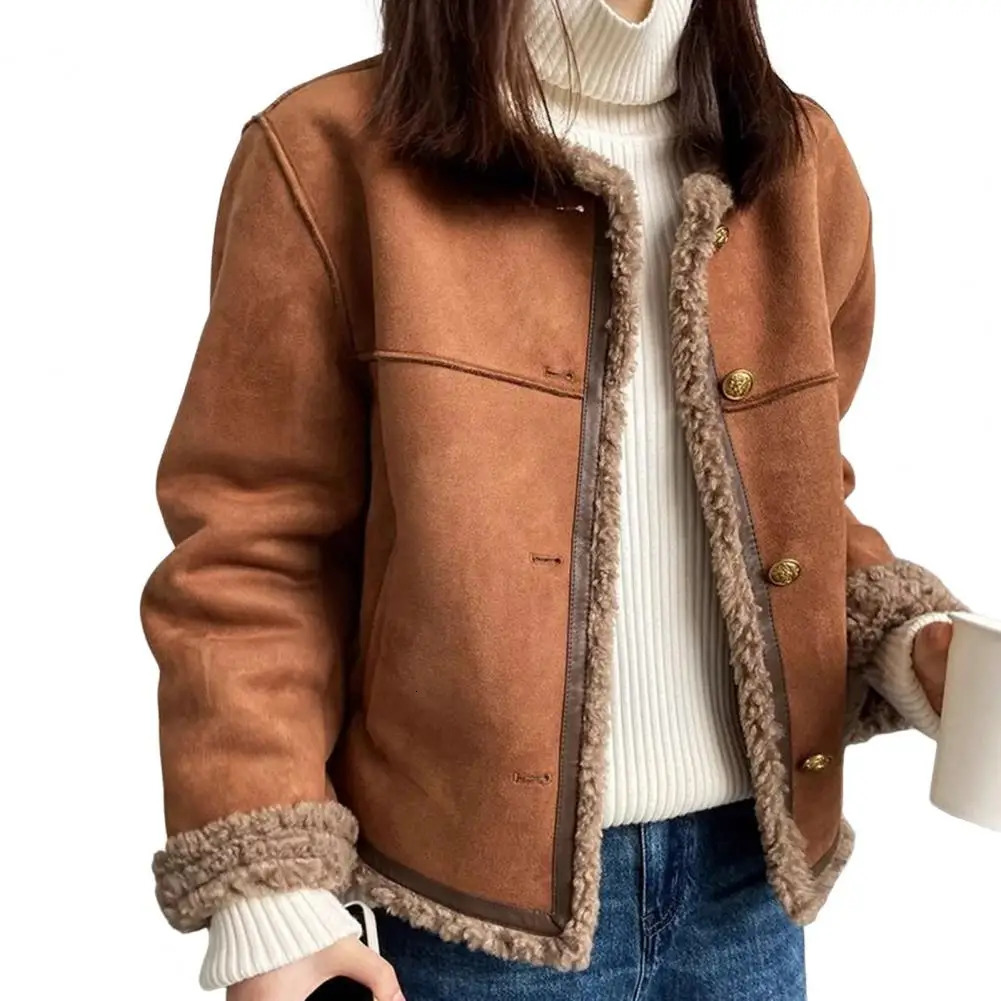 Round Neck Motorcycle Womens Warmth Jacket Female Autumn Winter Lamb Top Trend Coats 251021