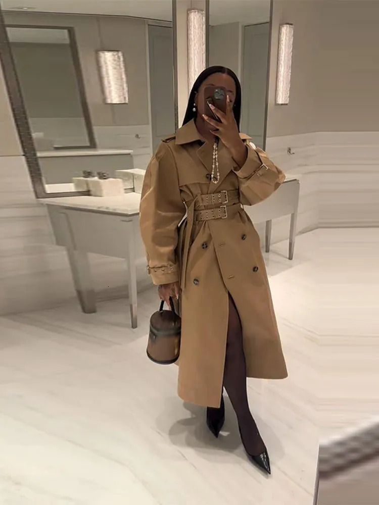 Elegant Double Belt Women Windbreaker Casual Khaki Long Sleeve Lapel Button Female Jacket Autumn Winter Lady Streetwear 251021