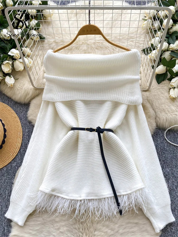SINGREINY Autumn Versatile Elegant Tassel Sweater Women Long Sleeves Sashes Winter Knitted Top Off Shoulder Trend Thick Pullover 251023