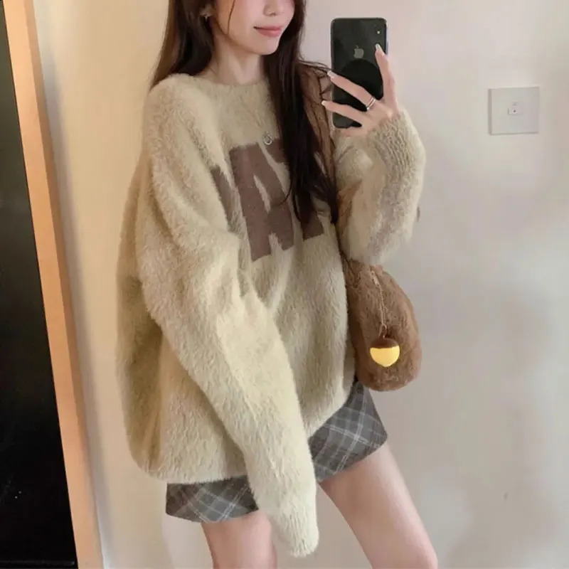 Vintage American Letter Sweaters Womens Clothing Round Neck Autumn Winter Loose Basic Casual Long Sleeve Knitted Pullovers 251023