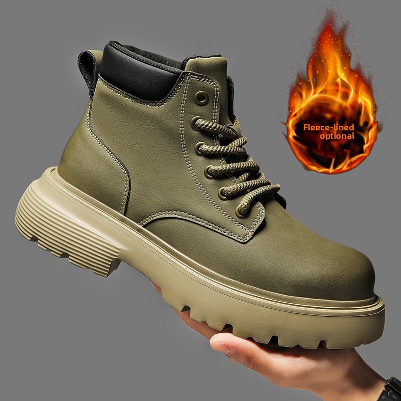 Paul Camel Men's Work Boots Autumn Winter Martin Boots High-Top Genuine Leather Yellow Footwear British Style Fleece-Lined Thick-Soled Shoes