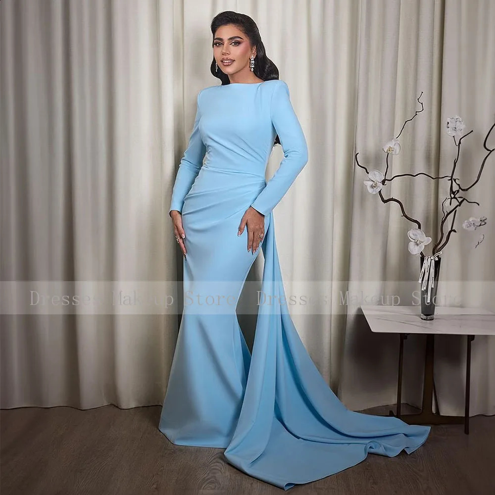 Light Sky Blue Wedding Guest Dress Long Sleeves O Neck Modest Womens Formal Party Gowns Mermaid Draped Trumpet Evening Dresses 251023