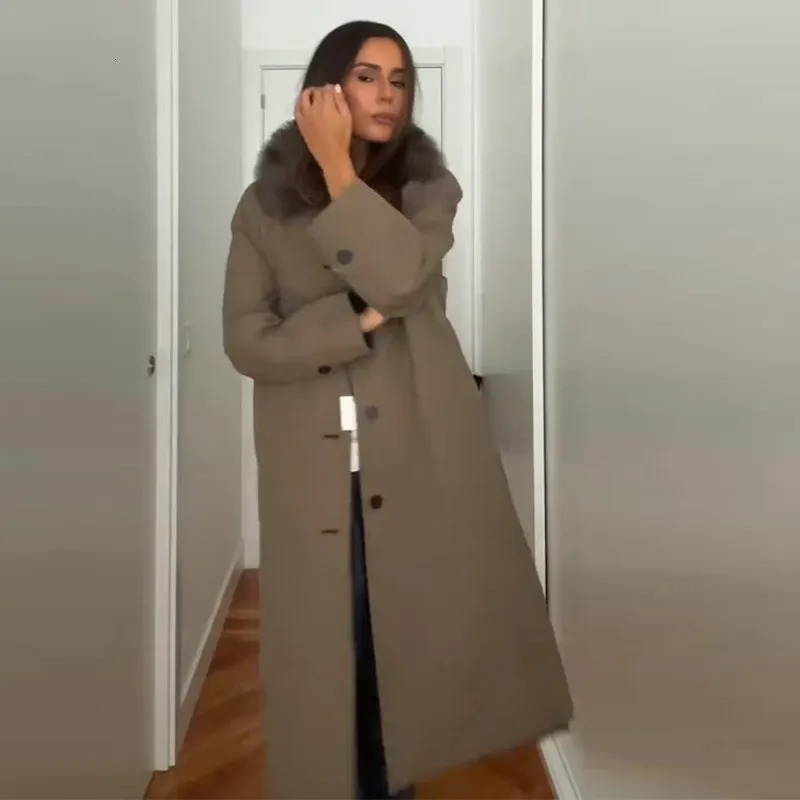 Faux Fur Collar Womens Coat Plaid Double Sided Single Breasted Long Sleeve Female Windbreaker Autumn Loose For Ladies 251021