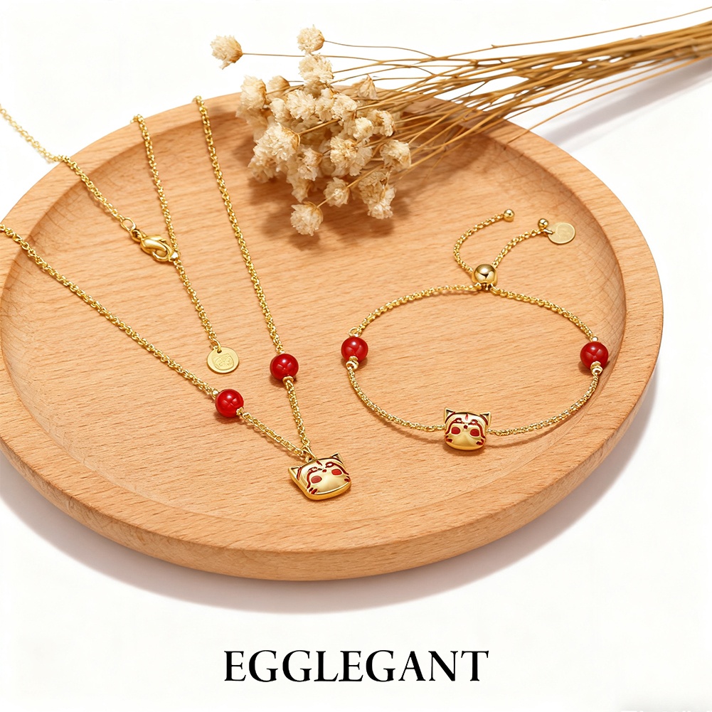 Women's Cat Necklace & Bracelet Set with Red Agate - Exquisite Design, Adjustable Chain, Dainty Jewelry Set for Daily Wear & Gift-EL22-31