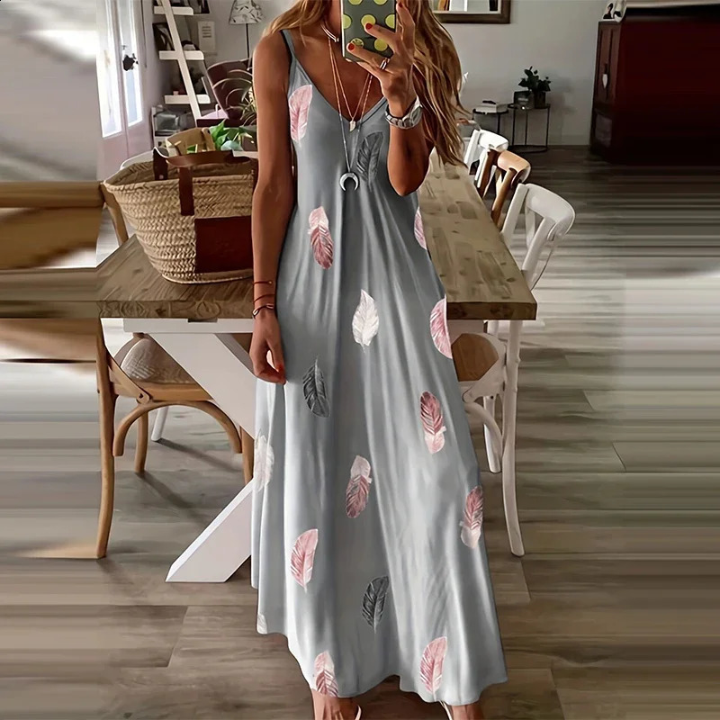8Colour AllSeason Chic Feather Print Maxi Dress Casual VNeck Comfort Stretch Easy Care 251020