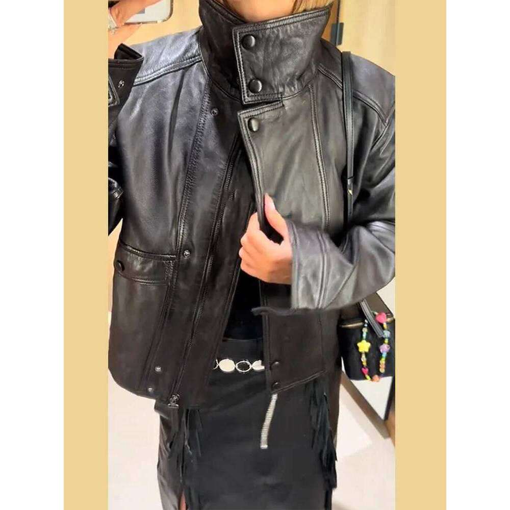Stand Collar Women S Jacket Full Sleeve Double Button Solid Female Leather Jackets Autumn Fashion High Street Lady Outwears