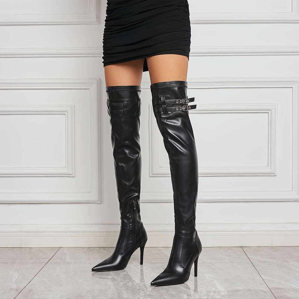 1Pr Women's Solid Color Knee-High Boots - Pointed Toe, Stiletto Heel, Zipper Closure, Faux Upper, Fabric Lining, Man-Made Insole & Sole