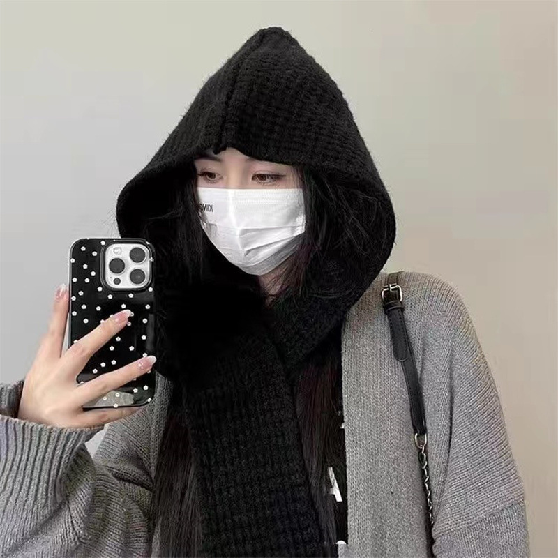 Women's Winter Fashion Trendy Scarf Dual-use Knitted Cape Versatile Solid Color Warm Hooded Shawl Integrated Hat