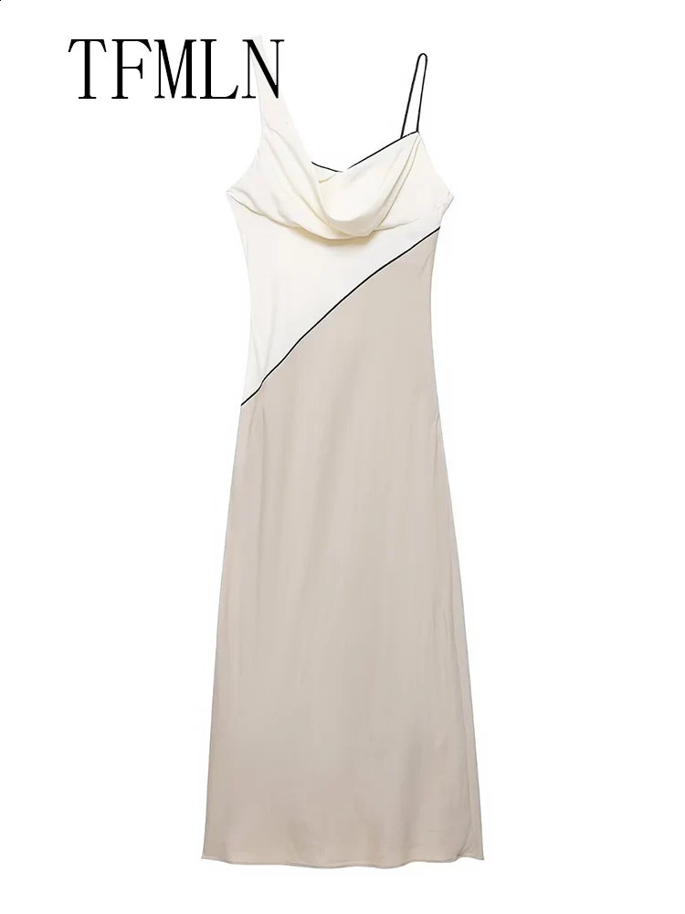 TFMLN Elegant Women Patchwork Slim Strap Dress 2025 Summer Pile Collar Sleeveless Beach Party Dress Sexy Asymmetrical Midi Dress 251023