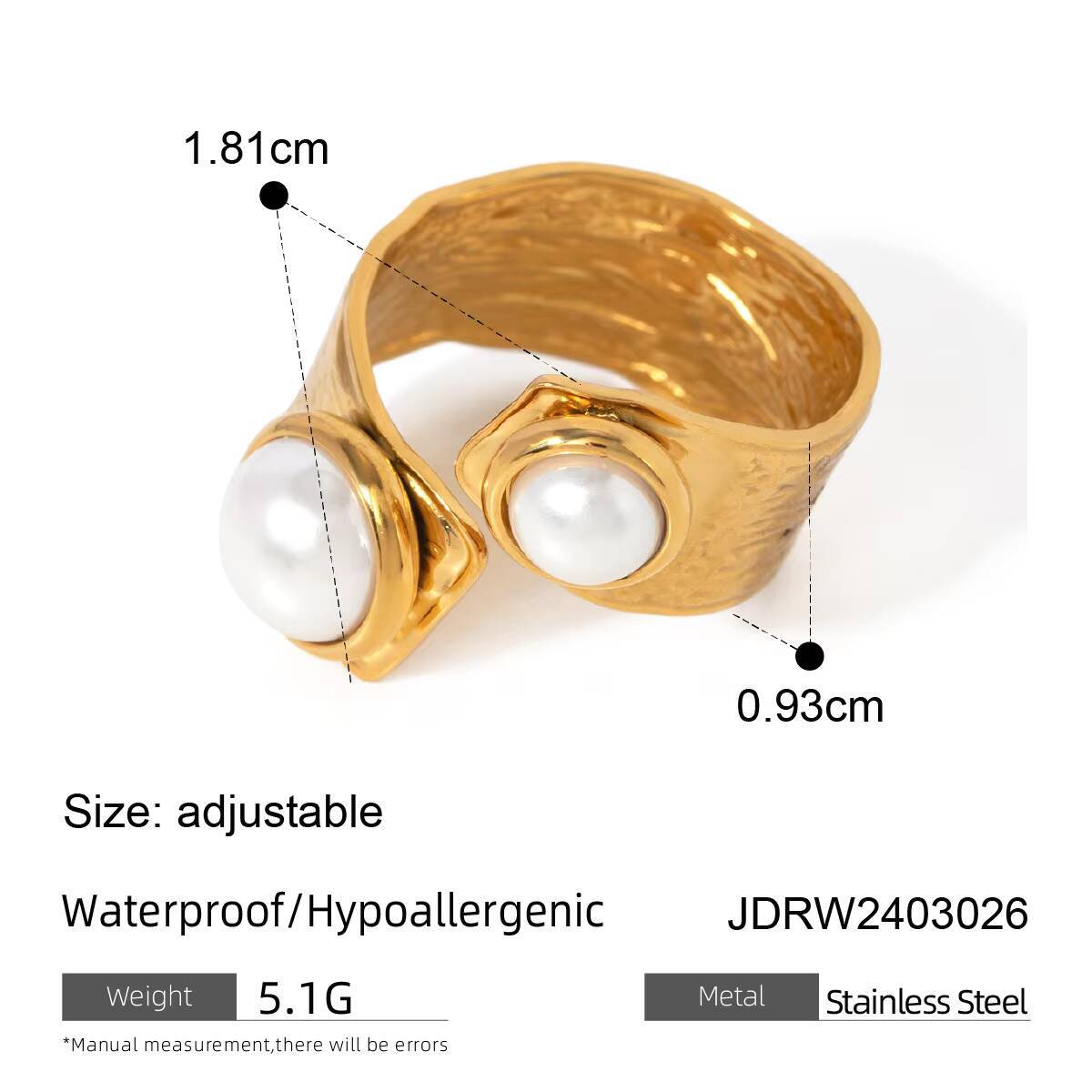 Summer Wholesale Hot Selling 18k Gold Stainless Steel Irregular Opening Pearl Ring Jewelry