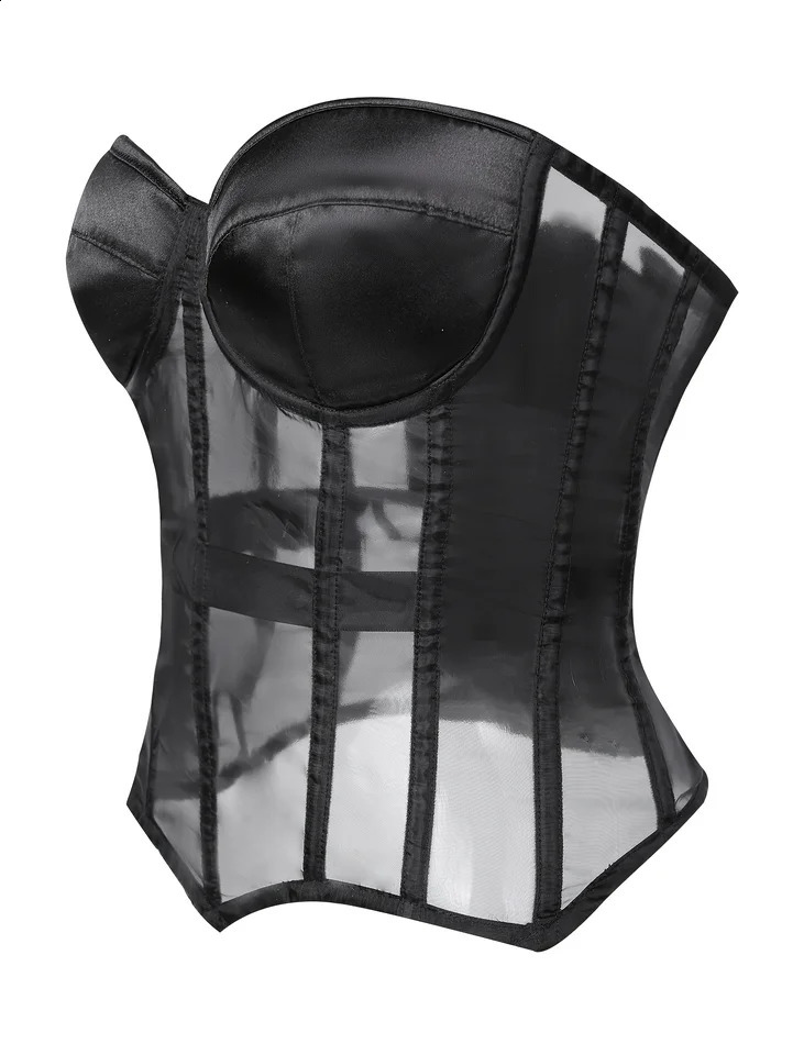 Black strapless mesh seethrough corset top for cinching the waist and shaping the body 251023
