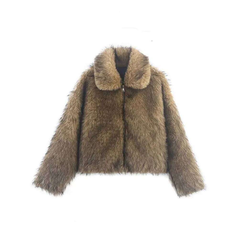 Vintage Women's Faux Fur Jackets Long Sleeve Lapel Pockets Zipper 2025 Winter Coats Lady High Street Woman Outerwear