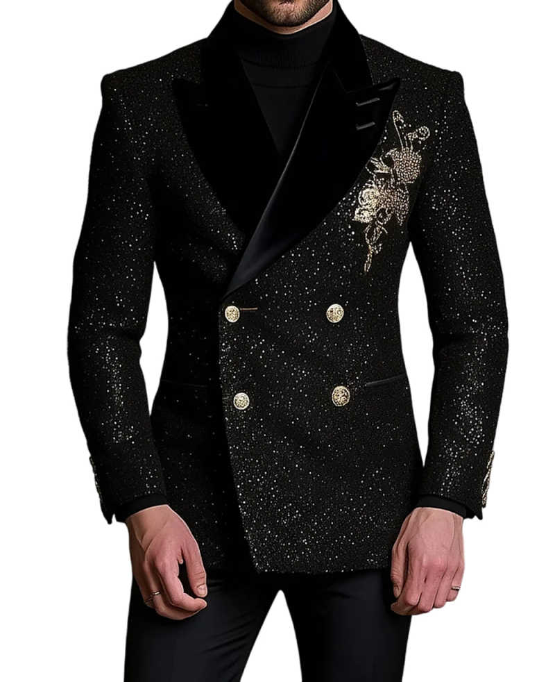 Shiny Men Suits Slim Fit 2 Pieces Blazer Pants Double Breasted Rhinestones Prom Party Wedding Groom Tuxedos Male Blazers Ropa Hombre