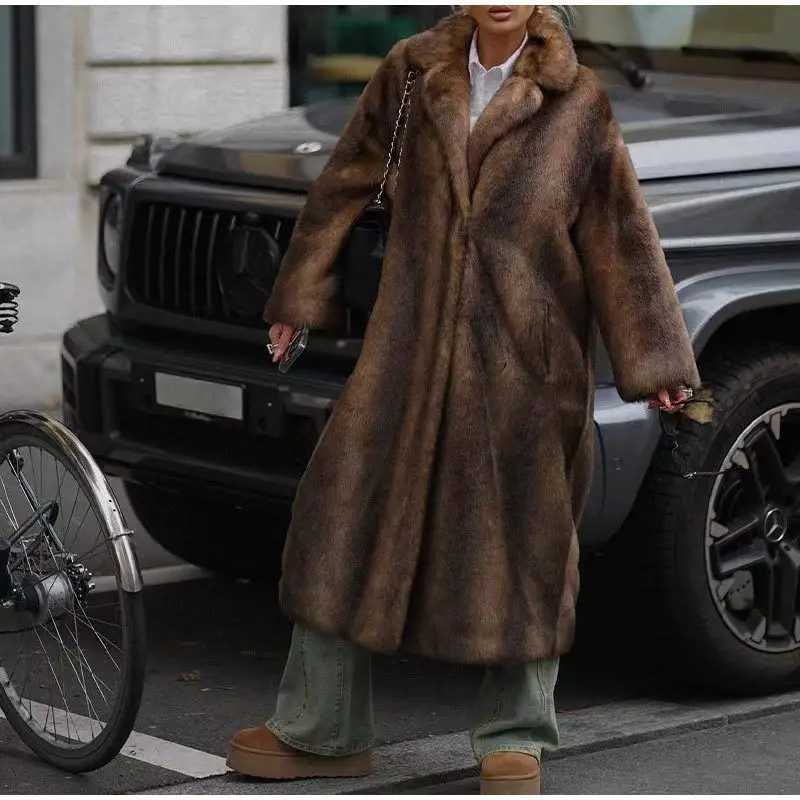 Luxury Highend Fluffy Women Chic Faux Fur Long Overcoat Dark Brown Winter Warm Trench Coat Thick Fur Jacket Windproof Outerwear H251024