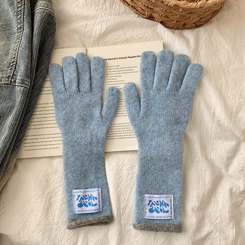 Korean midlength label curly warm gloves for women dopamine colorblocking knitted touch screen student fivefinger gloves 251023