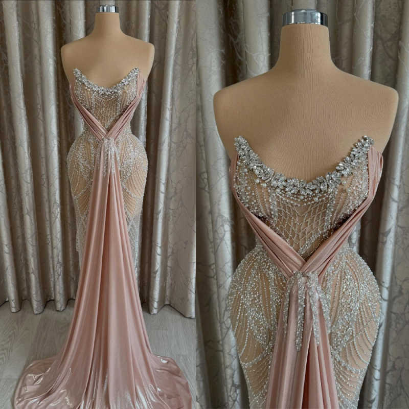 Vintage Beaded Strapless Prom Dresses Sexy Sleeveless Sequined Evening Dress Fashion Floor Length Party Gown Customized