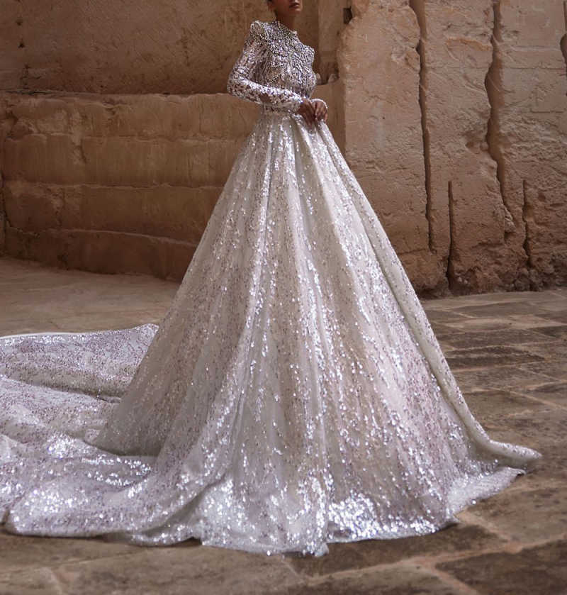 Amazing Ball Gown Wedding Dresses High Neck Long Sleeve Lace Crystal Sequined Royal Custom Made Bridal Gowns Vestido De Novia