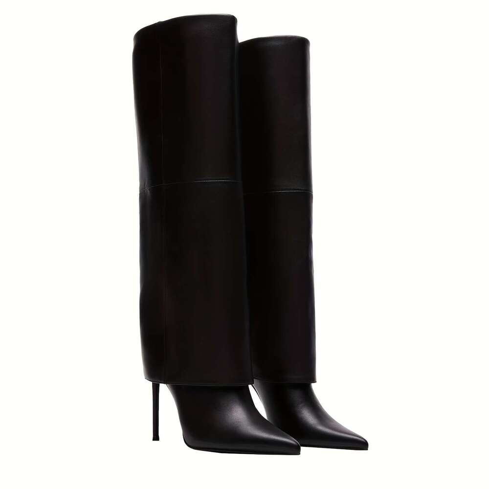 Women's Knee High Stiletto Heel Boots Fold Over Pointed Toe Pull On Design Shoes Wide Calf Sexy Fashion Party Dress Tall Booties