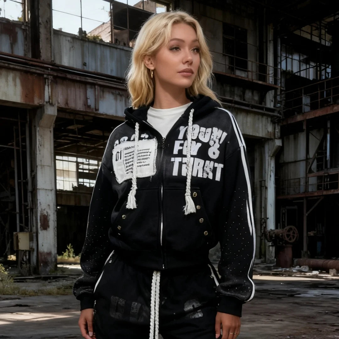 Y2k sportswear mens and womens hiphop Harajuku retro patch print super large hooded sweatshirt 251018