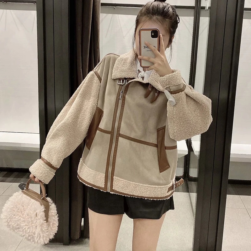 Womens Fashion Stitching Faux Leather Lamb Jacket With Zipper Decoration Stand Collar Thickening Warm Winter 251021