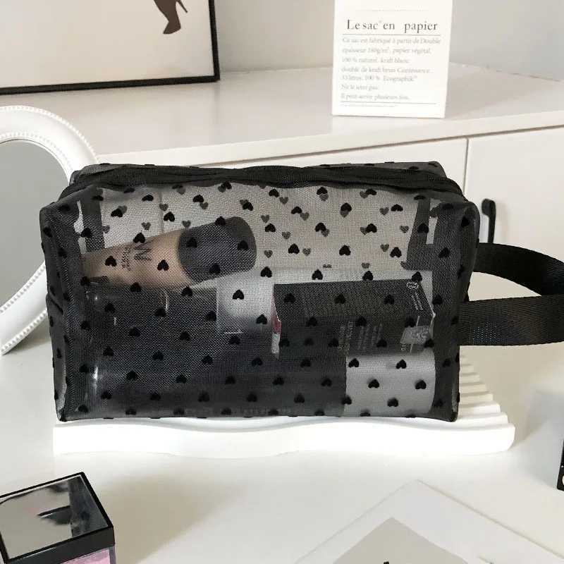 Women Cosmetic Toilet Storage Pouch Bag Ladies Toiletry Lipstick Key Coin Organizer Bags Purse Heart Transparent Mesh Makeup BagT251024