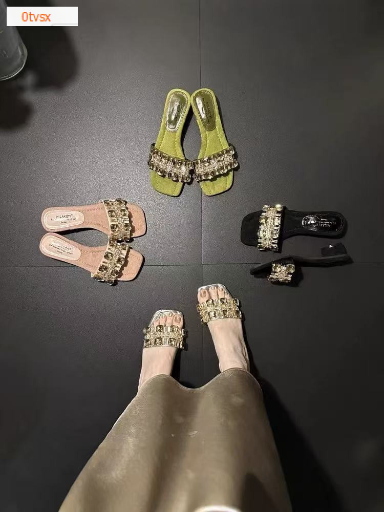 Autumn and Winter New French Sexy Style Rhinestone Square Shoes Thick Heel Versatile Style Luxury and Elegant Women's Sandals Designer Shoes