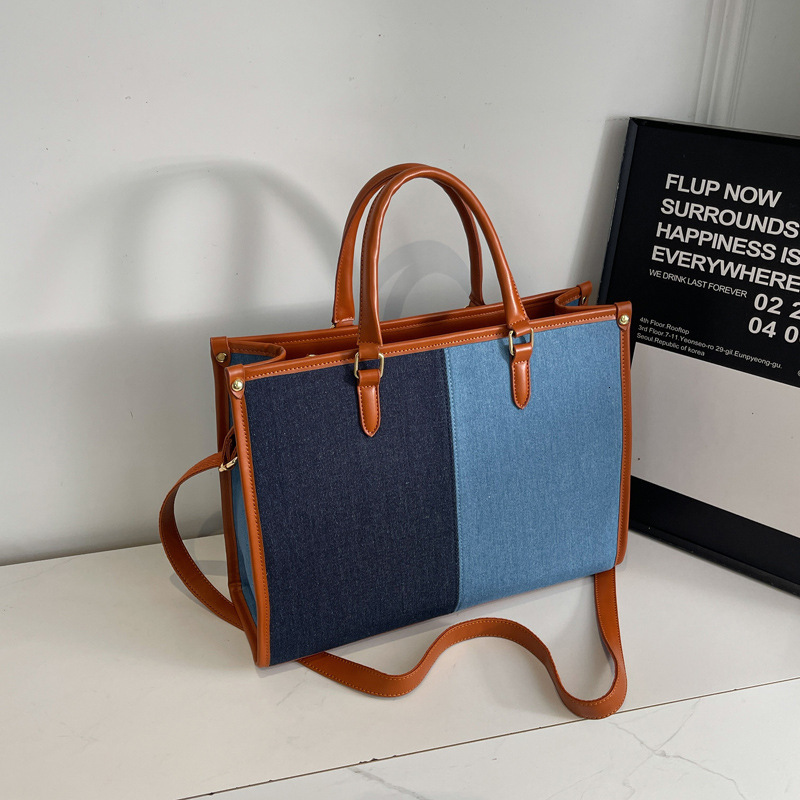 New autumn and winter women's large capacity shoulder bag new color blocked denim luxury handbag versatile commuting bag simple casual tote bag