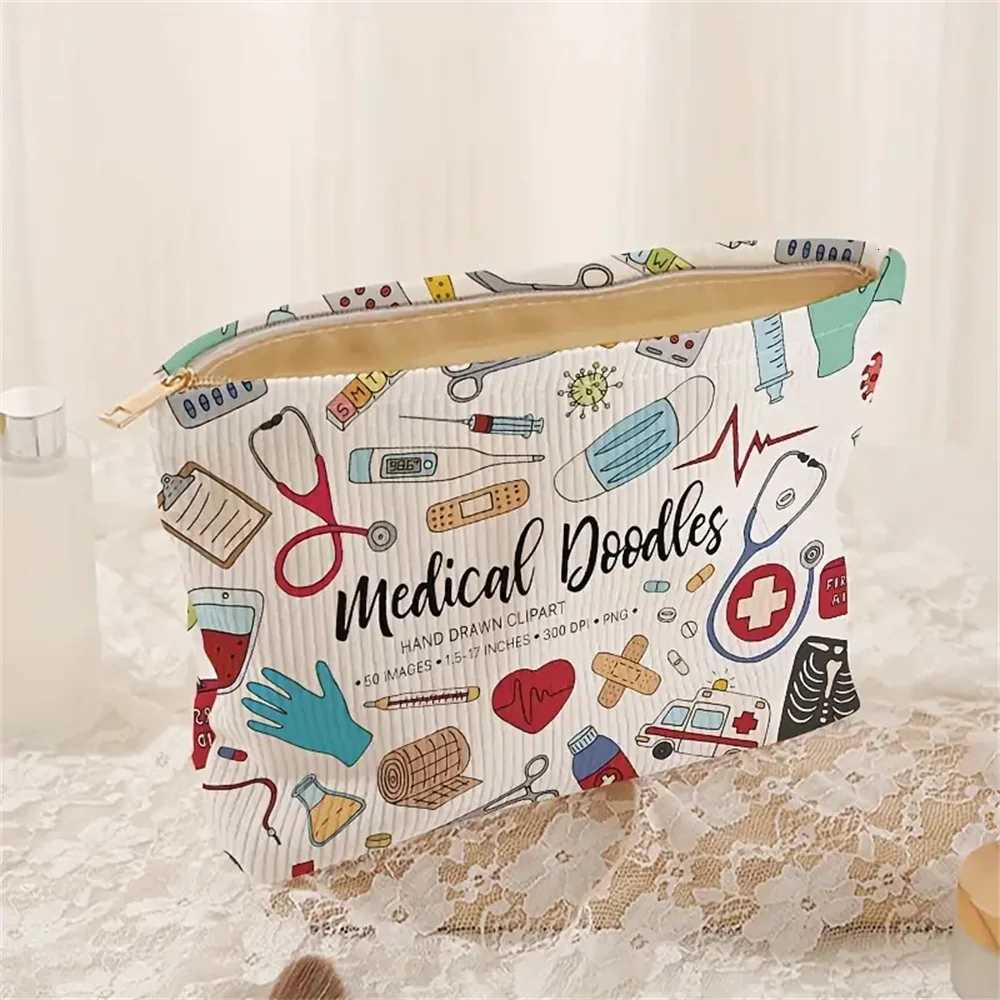 Graffiti Printed Corduroy Makeup Bag Lightweight Zipper Makeup Storage Box Multi functional Bag with LiningT251024