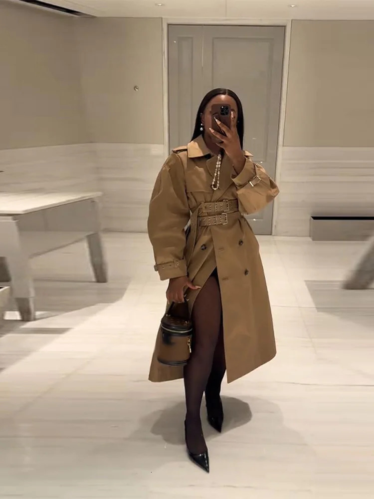Elegant Double Belt Women Windbreaker Casual Khaki Long Sleeve Lapel Button Female Jacket Autumn Winter Lady Streetwear 251021