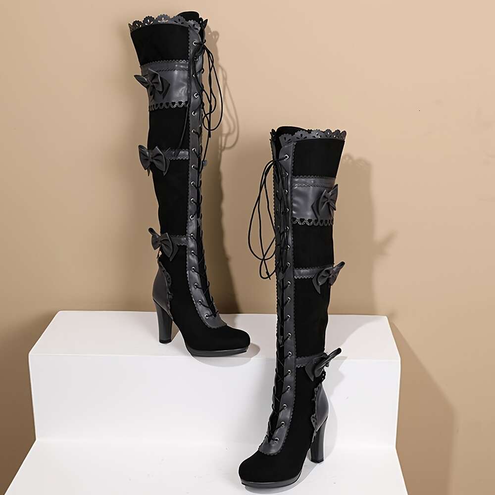 AMINUGAL Women's Steampunk Gothic Pirate - High Heel Over-The-Knee Lace-Up Thigh Boots With Bowknot Detail, Chunky Mid-Heel, PU Cover & Rubber So