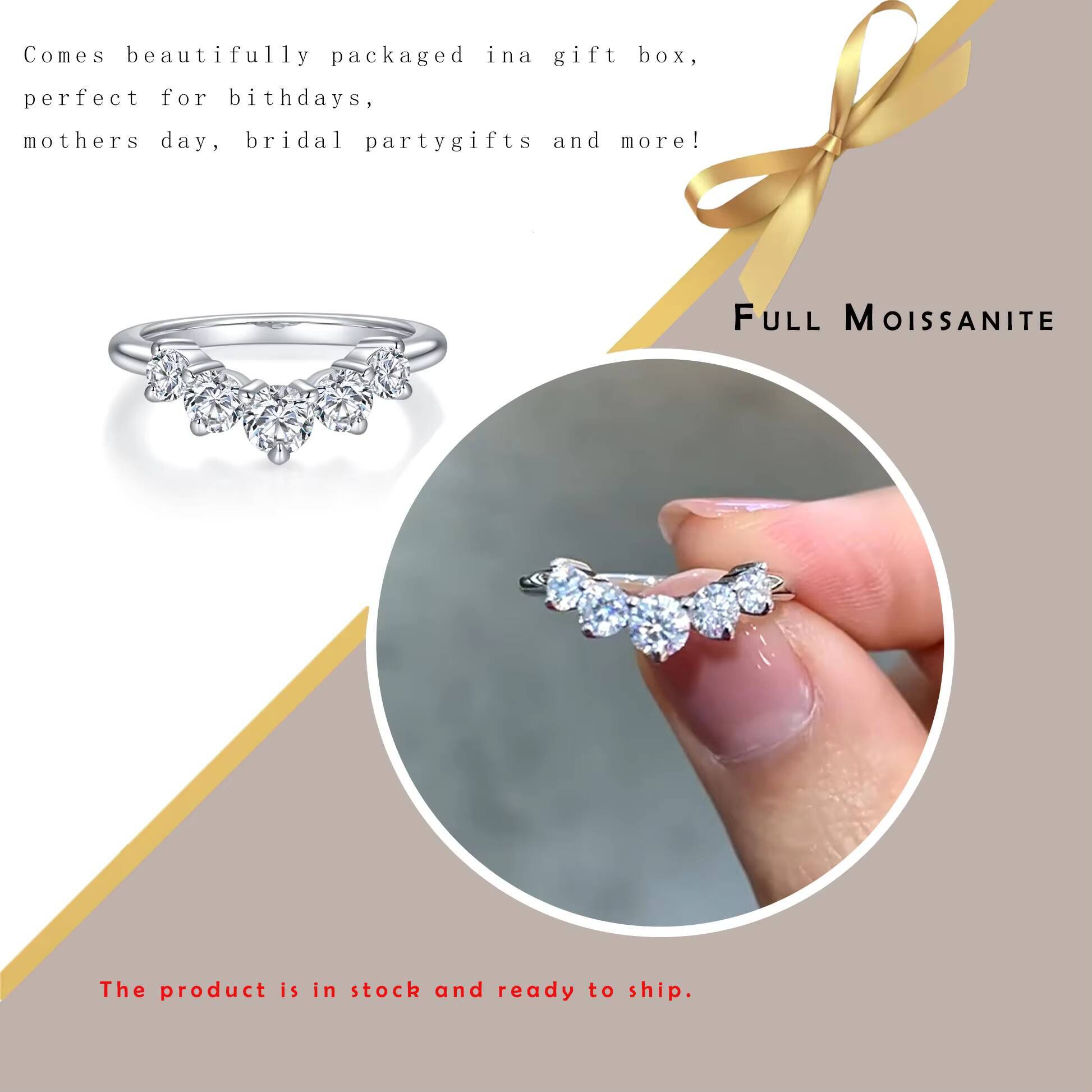 Hot Sale Five Stone Moissanite Ring 925 Sterling Silver Elegant Band Classic Style Wedding Engagement Jewelry for Women
