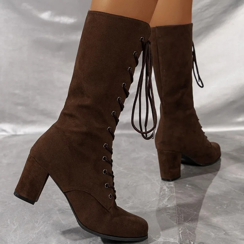 Winter Coarse Heel Shoes Womens Round Head Front Cross Lacing Antislip Wearresistant High Boots 251023