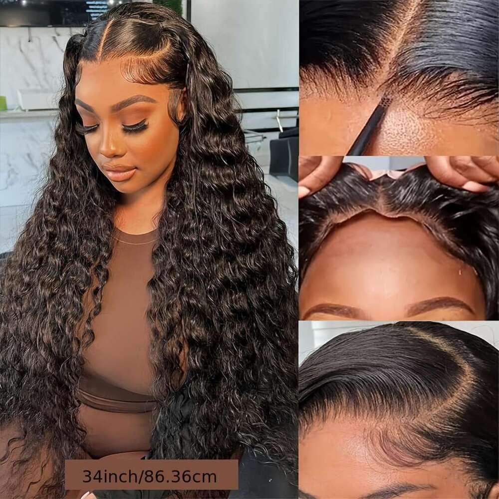Glueless Plucked Pre Cut Inky 1b Color 5x5 HD Water Wave Sheer Lace Front Wigs Human Hair Women No Glue Put On And Go Decorative Wig for Costume & Sty