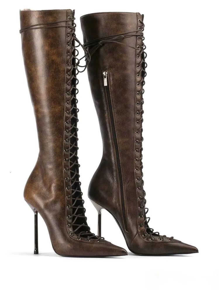 SpringSummer Lace Up Short Cool Boots Side Zipper Banquet Slimming High Heels Sexy Knee Length Womens Boots 251023