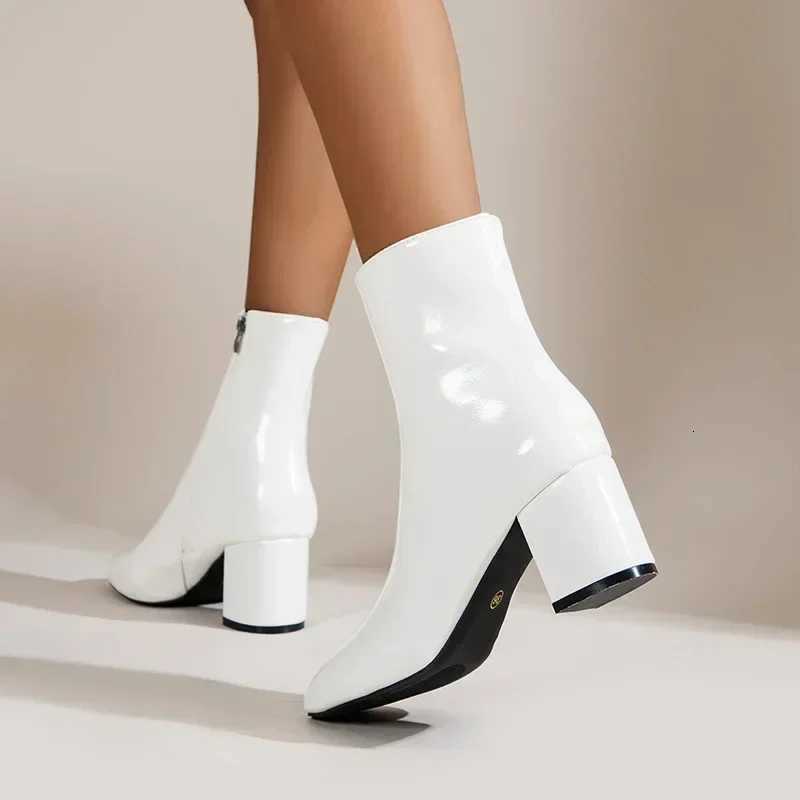 White Ankle Boots for Women Side Zipper Stretch Middle Heel Large Size Short Boot Fashion Pointed Shoes Botas De Mujer 2024 W251024