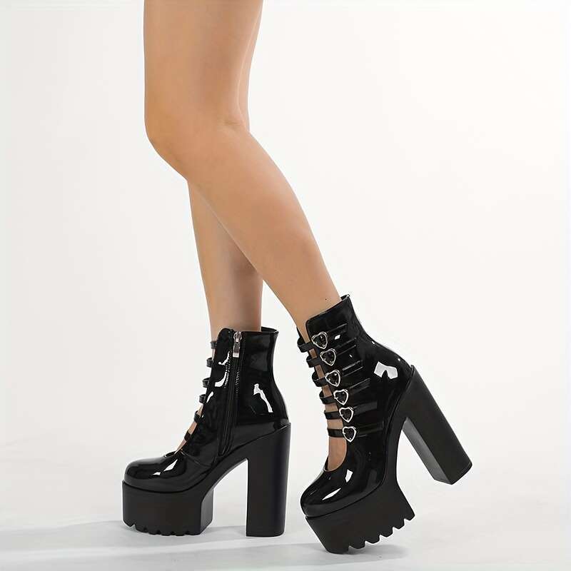 Women's Black Mary Jane High Heels With Heart Laces - Stylish, All-Season, Round Toe, Block Boots, Rubber Sole, Polyurethane Upper, Inner & Insol