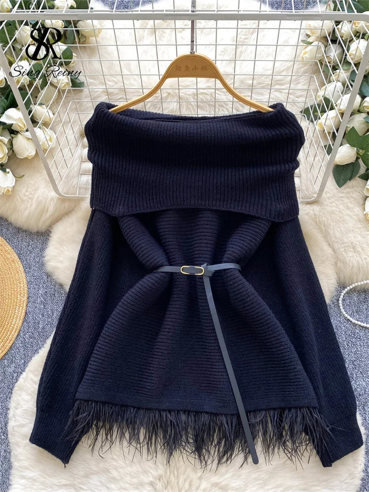 SINGREINY Autumn Versatile Elegant Tassel Sweater Women Long Sleeves Sashes Winter Knitted Top Off Shoulder Trend Thick Pullover 251023