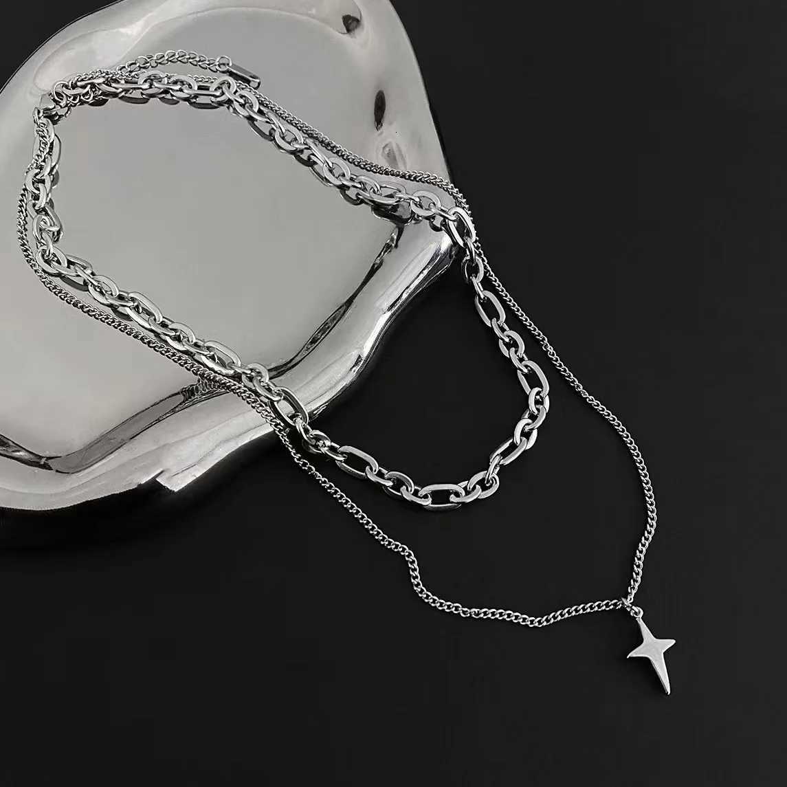 New Design Double Layer Link Chain Cross Star Necklace for Women Man Teens Tren Punk Hip hop Stainl Steel ChokerXJ251024