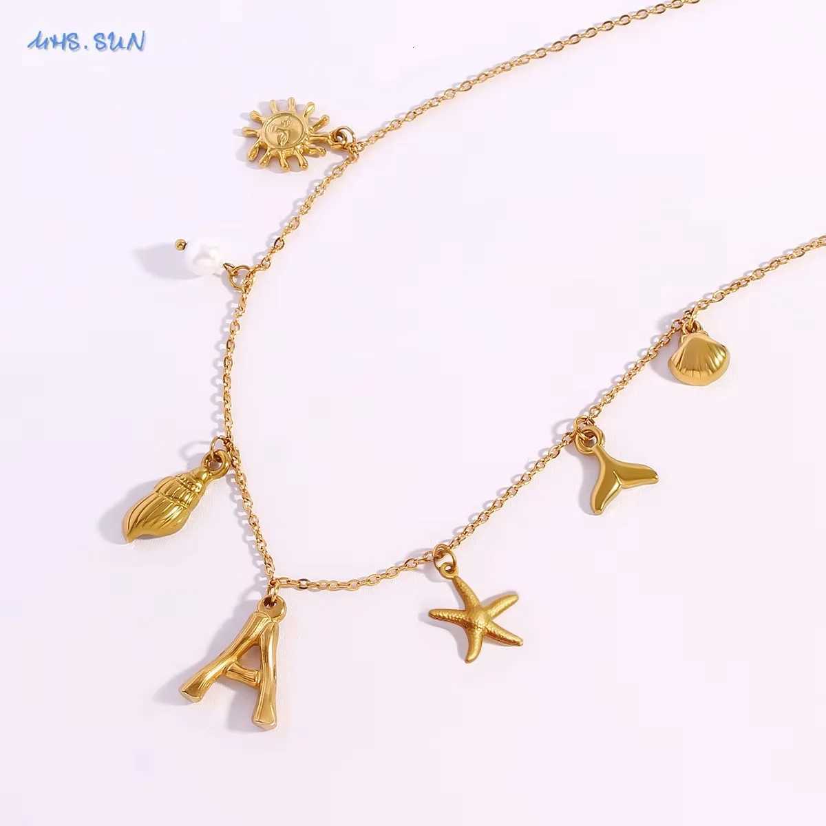 MHSSUN Starfish Shell Initial Necklace Waterproof 18K Gold Plated Stainl Steel Charm Necklaces Surfer Girl Summer Beach GiftXJ251024