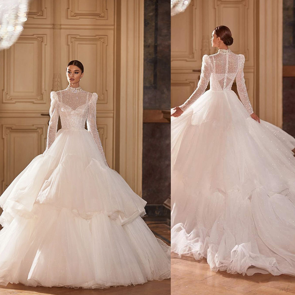Elegant A Line Women Wedding Dress High Collar Long Sleeves Bridal Gowns Sequins Tulle Sweep Train Dress Customized vestidos de novia