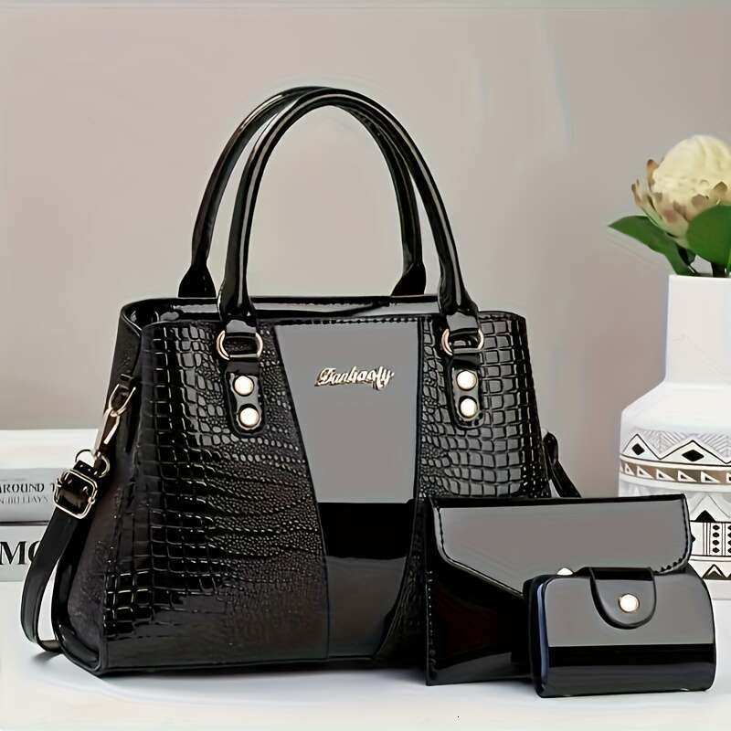 Genuine Handbag Parent Bag Genuine Leather Crocodile Pattern New Fashion Large Capacity Women's Handbag, Stylish Three-Piece Set, Mother-Daughter