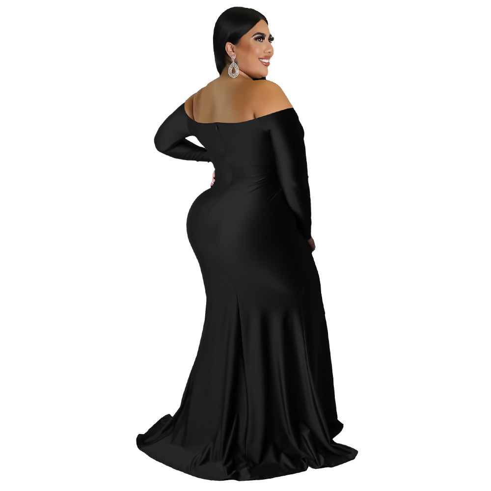 European and American designer plus size women's sexy dress nightclub V-neck formal solid color slit long skirt autumn and winter