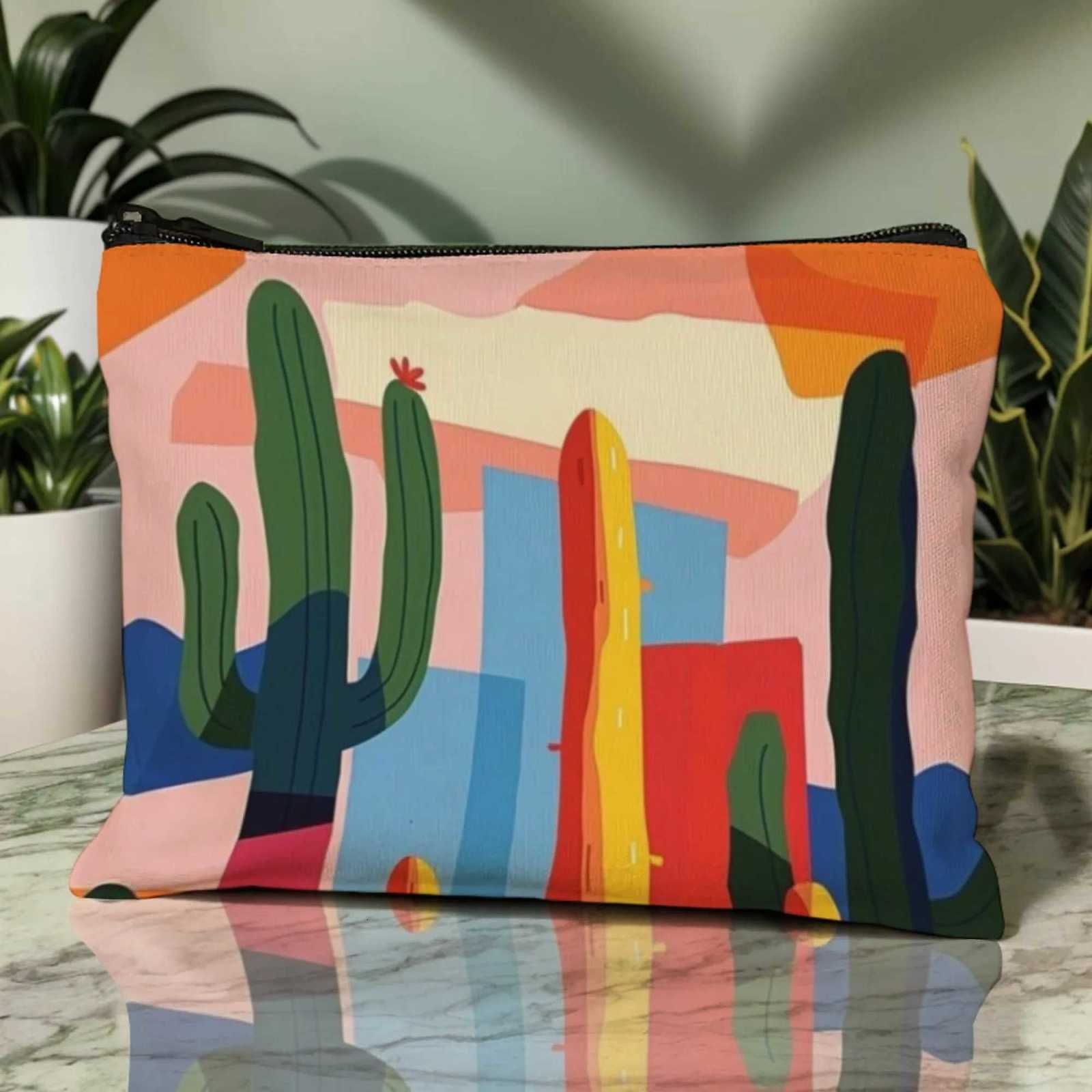 Colorful Cactus Multifunction Cosmetic Pouch Vibrant Desert Style Compact Makeup Bag for Daily Travel Use Vacation EssentialsT251024