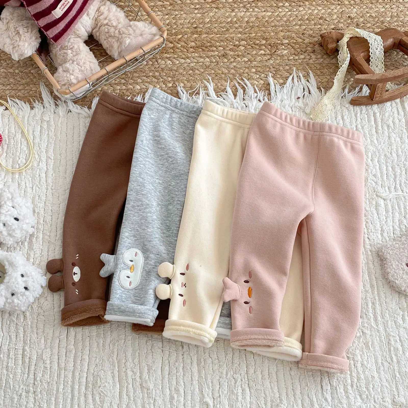 05Y Baby Girl 3D Ear Decor Thickened Pants 2025 Winter Kids Clothes Girls Fleece Lined Leggings Cute Warm New Bottoms PantsT251024