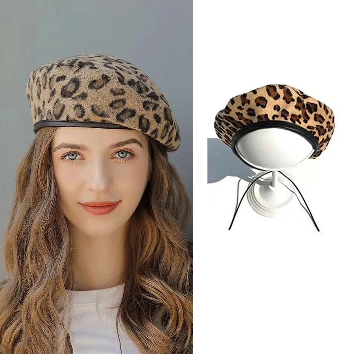 Womens Leopard Print Hat Fashion Beret Vintage Hats Leopard Felt Hat Beanie Girls Cap French Berets With Adjustable Rope 251023