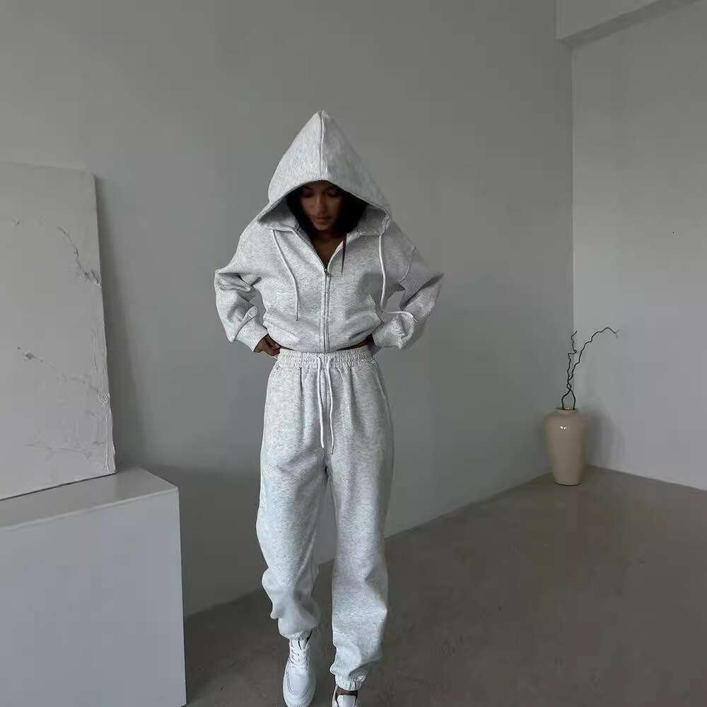 Casual Women's Solid Color Long Sleeve Zipper Hoodie Elastic Waistband Pants Two-Piece Set