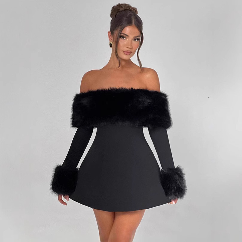 Women's Winter New Elegant Off Shoulder One Shoulder Collar Fur Patch Tight High Waist Designer Dress