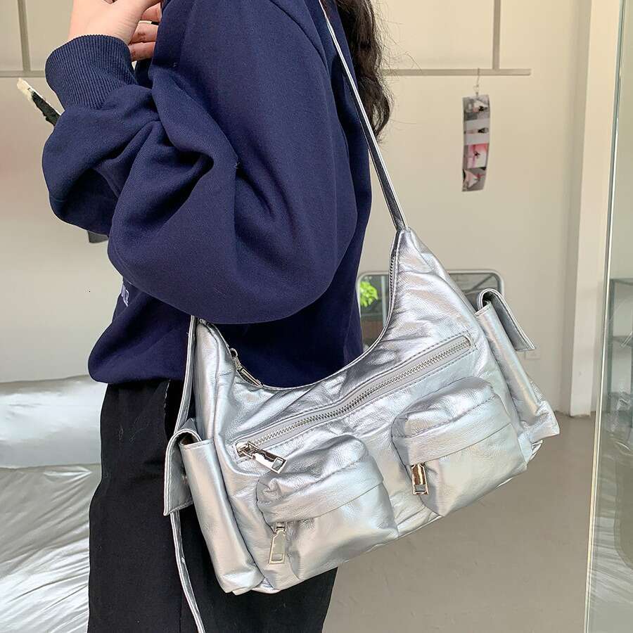 Soft Leather Silver Large Capacity Crossbody Niche Design Fashion Versatile Shoulder High-End Commuter Bag For Women B5