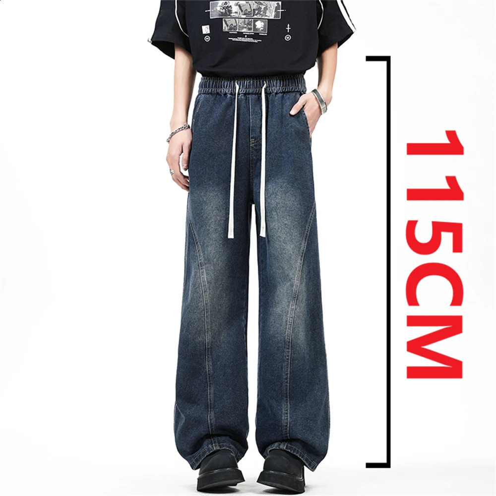 2025 Autumn Wide Leg Jeans Washed High Street 190 Tall Men Elastic Waist 115CM Long Length Loose Comfortable Casual 251018